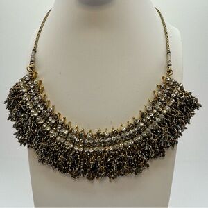 Glass Bead Rhinestone Statement Necklace Adjustable Cord Boho Bib